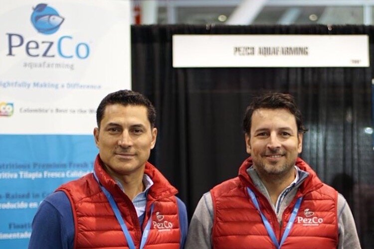 Juan-Carlos Libreros, the co-founder of PezCo  Aquafarming, and his brother and business partner Luis Ignacio Libreros, at the Seafood Expo North America.